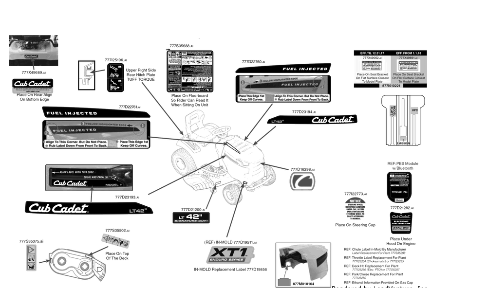 Label Map Diagram and Parts List for XT1-LT42EFI (13A9A1CS056)(2018) Cub Cadet Lawn Tractor